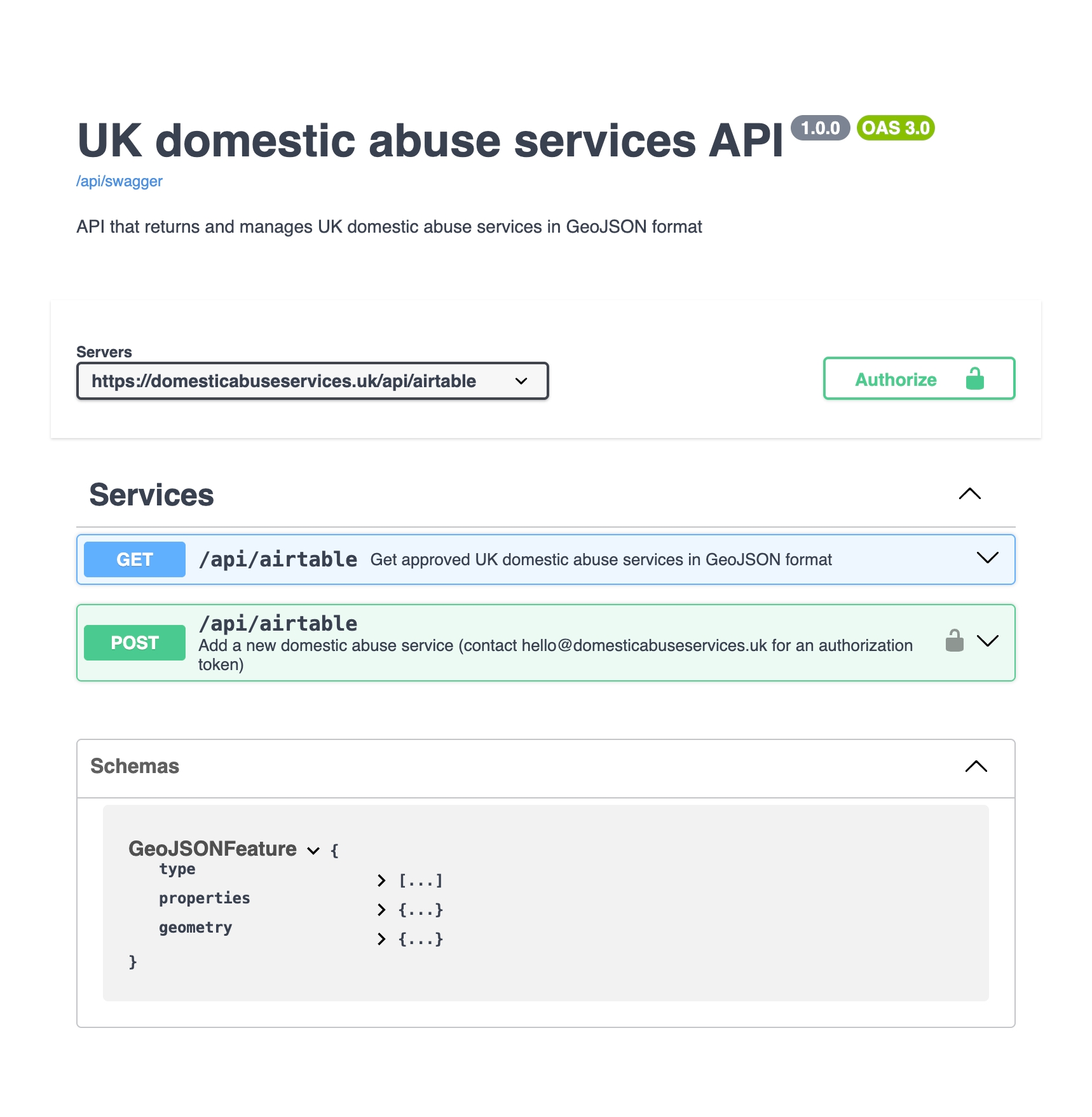 Swagger UI page for the UK domestic abuse services API showing GET and POST endpoints for /api/airtable and a GeoJSON schema.