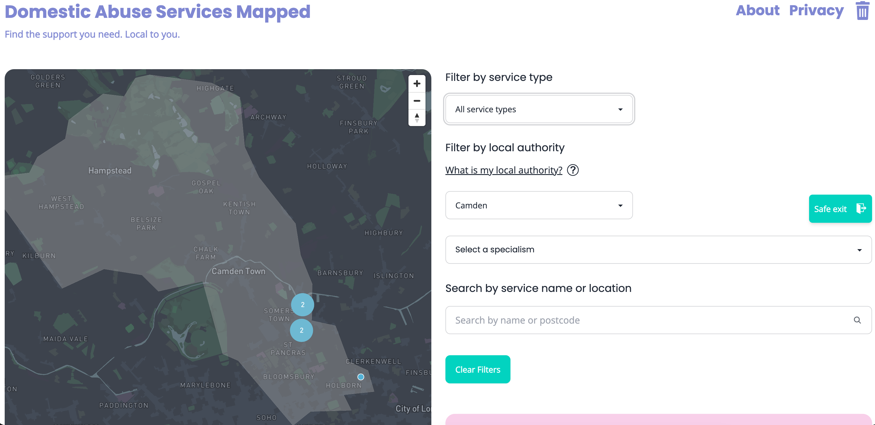 A screenshot of the Domestic Abuse Services Mapped site, showing a map of Camden with filters for service type, local authority, specialism, and a search bar