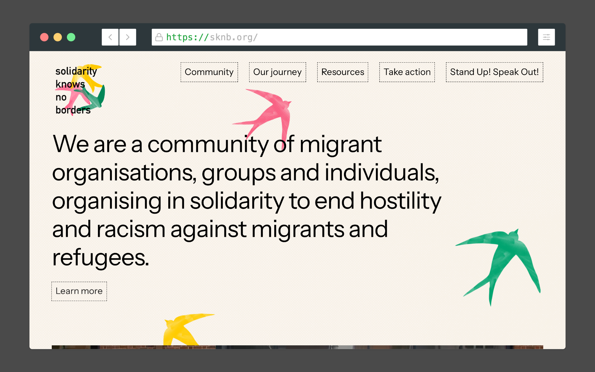 An image of the home page of a website for the campaign group Solidarity Knows No Borders.