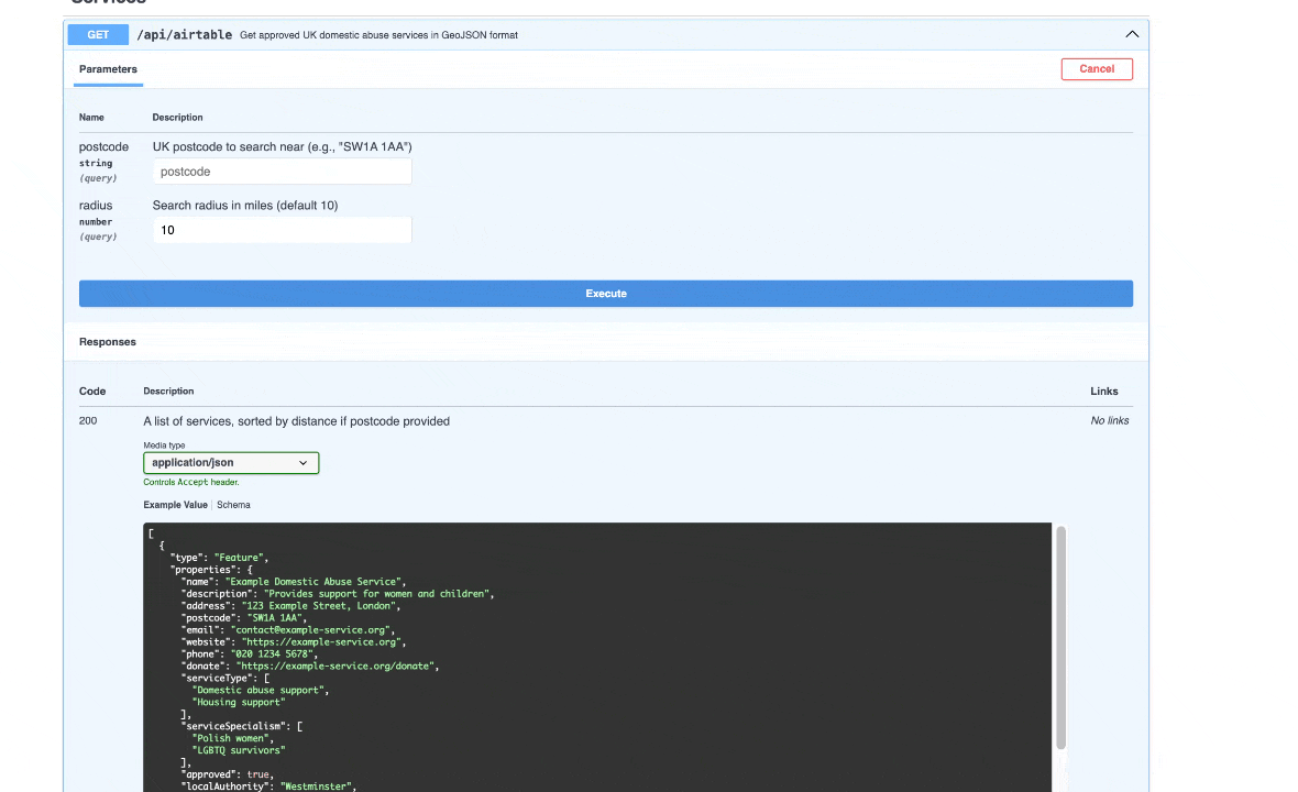 Screenshot of the API documentation showing a GET request endpoint /api/airtable for retrieving UK domestic abuse services in GeoJSON format. The parameters include postcode for UK postcode search and radius for the search radius in miles, with a default value of 10.